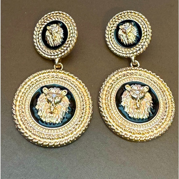 Designer Inspired Lion Head, Gold & Black Double Circle,Vintage Style Earrings - Picture 5 of 7